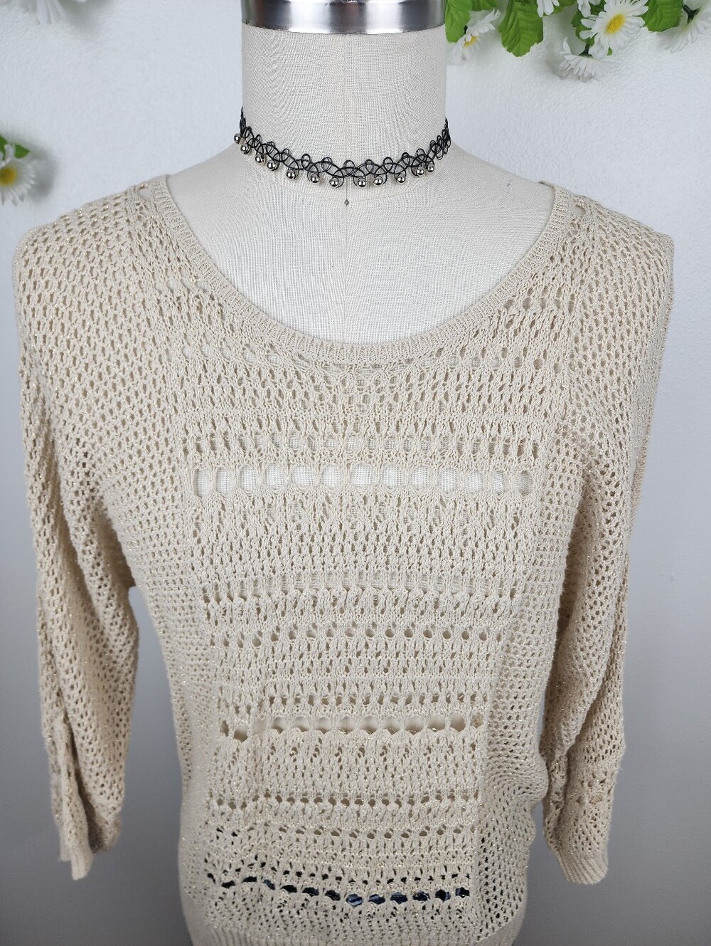 Charming Charlie Beige Open-Knit Sweater - Gold Sparkle - Cold Shoulder Sz XL - Picture 2 of 7